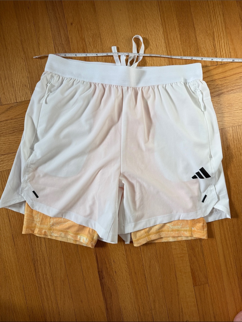 adidas Men’s White Athletic Dual-Layer Shorts with Peach Liner